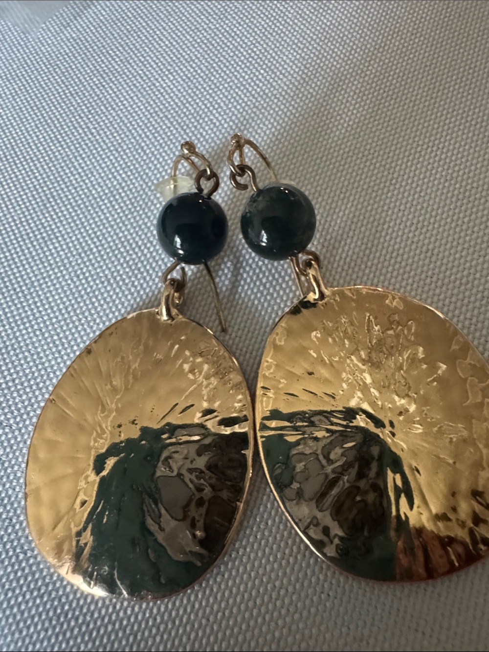 Gold Drop Earrings with Dark Green Bead